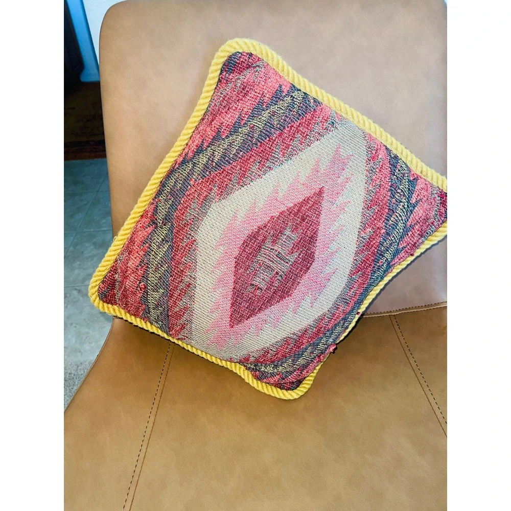 Raymond Waites Vtg Tapestry Pillow Kilim Southwestern Cushion Yellow Rope Trim